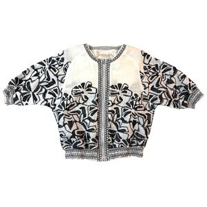 Chico's Smocked Jacket Womens 0P White Blk Embroidered Floral Abstract Coquette